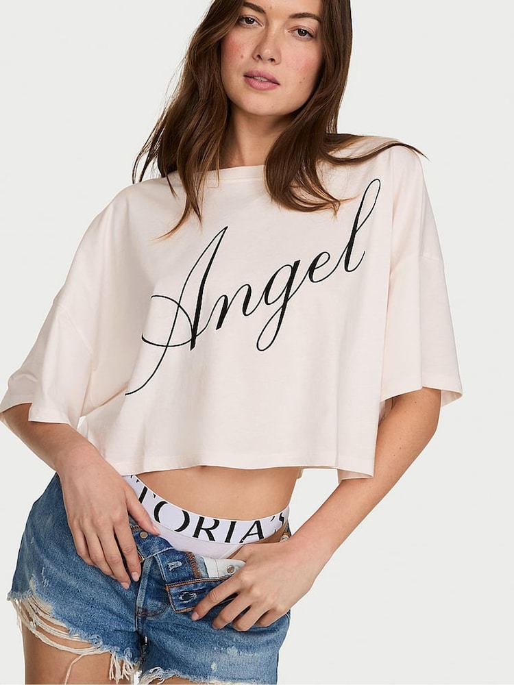 Victoria's Secret Coconut White Logo Cotton Oversized Cropped Top - Image 1 of 2