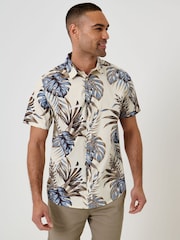 Threadbare Cream Leaf Print Short Sleeve Shirt - Image 1 of 5