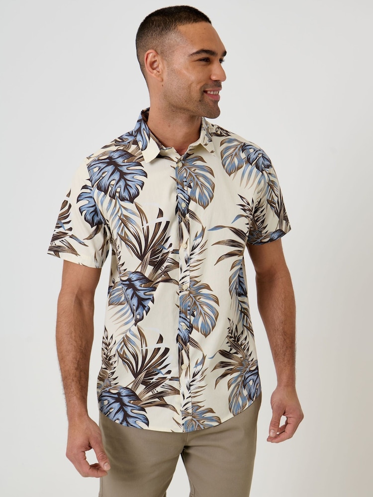 Threadbare Cream Leaf Print Short Sleeve Shirt - Image 1 of 5