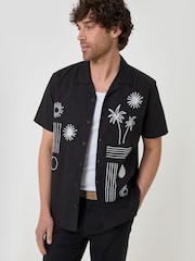 Threadbare Black Beach Embroidered Cotton Poplin Short Sleeve Shirt - Image 1 of 4
