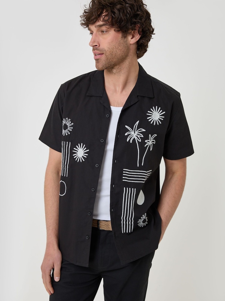 Threadbare Black Beach Embroidered Cotton Poplin Short Sleeve Shirt - Image 1 of 4 Threadbare Black Beach Embroidered Cotton Poplin Short Sleeve Shirt - Image 1 of 4