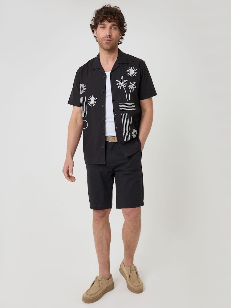 Threadbare Black Beach Embroidered Cotton Poplin Short Sleeve Shirt - Image 4 of 4 Threadbare Black Beach Embroidered Cotton Poplin Short Sleeve Shirt - Image 4 of 4