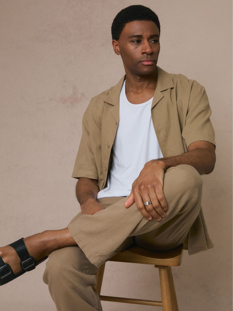Threadbare Brown Relaxed Fit Linen Blend Revere Collar Short Sleeve Shirt - Image 1 of 5