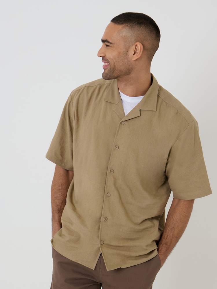 Threadbare Brown Relaxed Fit Linen Blend Revere Collar Short Sleeve Shirt - Image 2 of 5