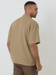 Threadbare Brown Relaxed Fit Linen Blend Revere Collar Short Sleeve Shirt - Image 3 of 5