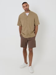 Threadbare Brown Relaxed Fit Linen Blend Revere Collar Short Sleeve Shirt - Image 4 of 5