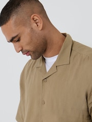Threadbare Brown Relaxed Fit Linen Blend Revere Collar Short Sleeve Shirt - Image 5 of 5