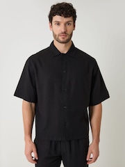 Threadbare Black Boxy Fit Linen Blend Short Sleeve Shirt - Image 3 of 5