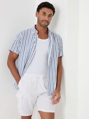 Threadbare Blue Stripe Linen Cotton Blend Short Sleeve Shirt - Image 1 of 5