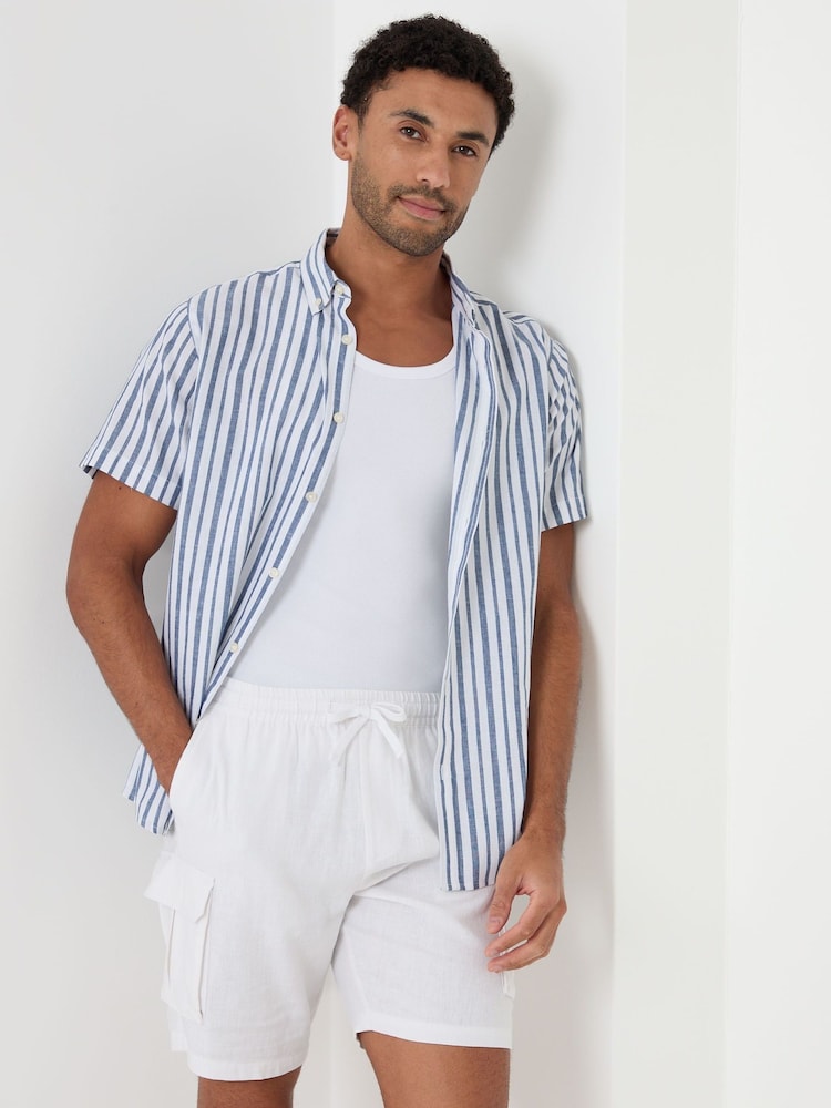 Threadbare Blue Stripe Linen Cotton Blend Short Sleeve Shirt - Image 1 of 5