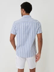 Threadbare Blue Stripe Linen Cotton Blend Short Sleeve Shirt - Image 2 of 5