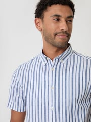 Threadbare Blue Stripe Linen Cotton Blend Short Sleeve Shirt - Image 4 of 5
