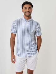 Threadbare Blue Stripe Linen Cotton Blend Short Sleeve Shirt - Image 5 of 5