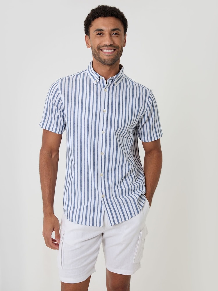 Threadbare Blue Stripe Linen Cotton Blend Short Sleeve Shirt - Image 5 of 5