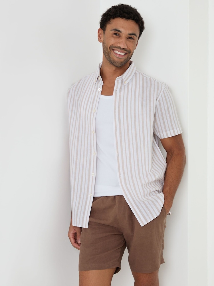 Threadbare Natural Stripe Linen Cotton Blend Short Sleeve Shirt - Image 1 of 5