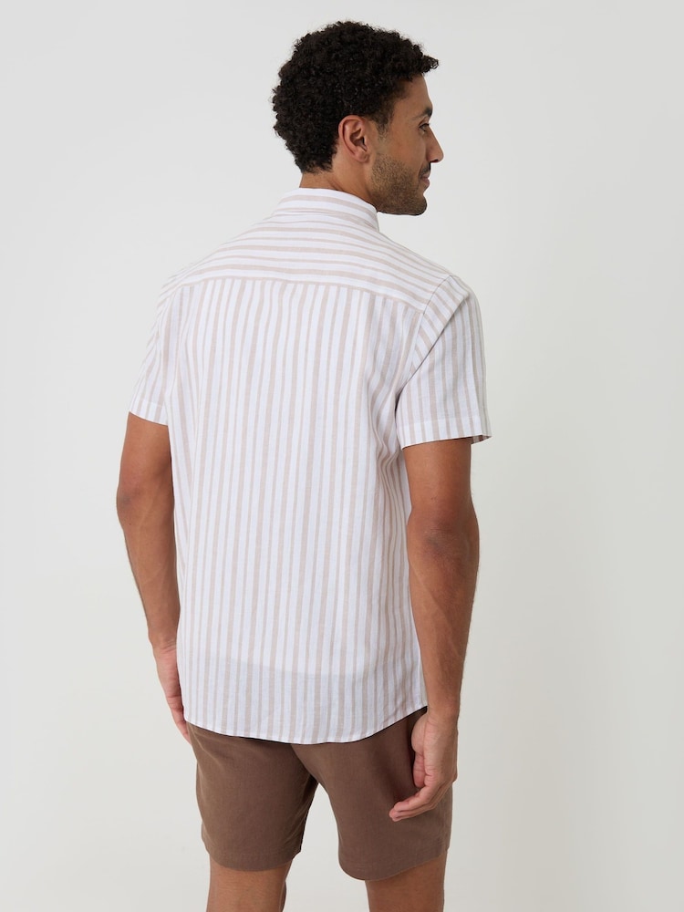 Threadbare Natural Stripe Linen Cotton Blend Short Sleeve Shirt - Image 2 of 5