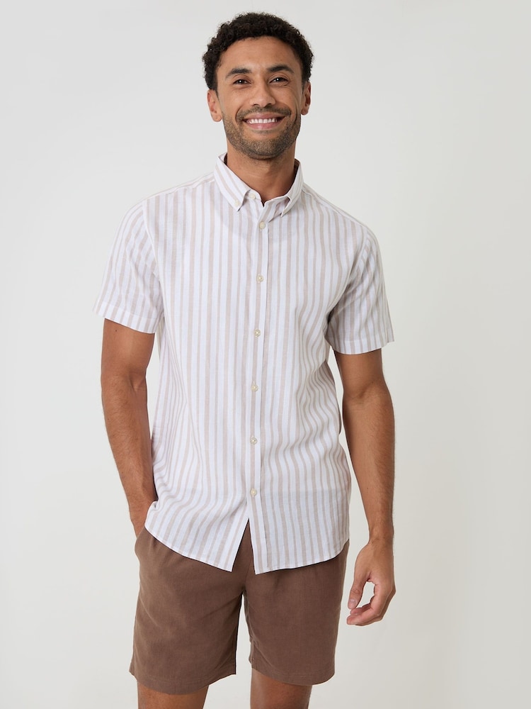 Threadbare Natural Stripe Linen Cotton Blend Short Sleeve Shirt - Image 5 of 5