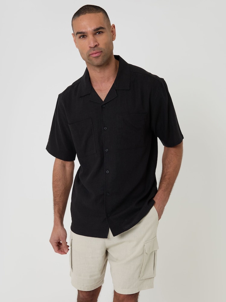 Threadbare Black Relaxed Fit Linen Blend Short Sleeve Shirt - Image 1 of 4 Threadbare Black Relaxed Fit Linen Blend Short Sleeve Shirt - Image 1 of 4