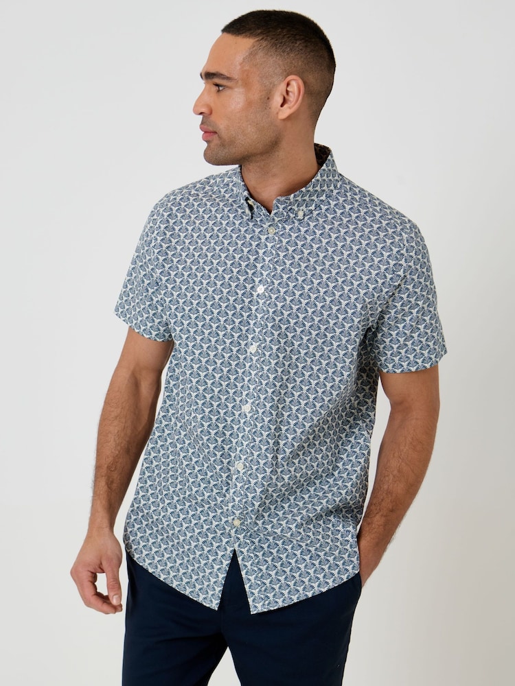Threadbare Blue Linear Leaf Print Short Sleeve Shirt - Image 1 of 5