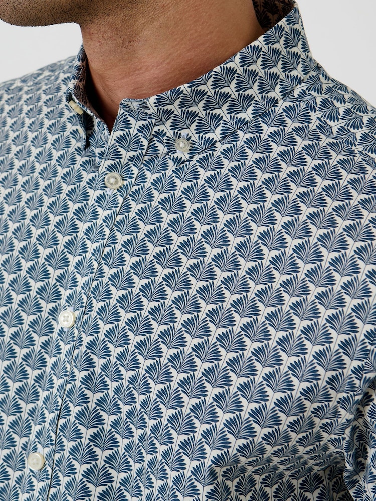 Threadbare Blue Linear Leaf Print Short Sleeve Shirt - Image 5 of 5
