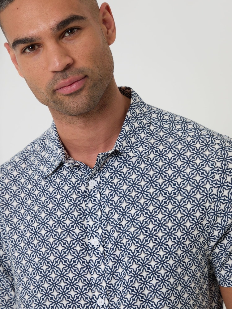 Threadbare Blue Geometric Print Short Sleeve Shirt - Image 1 of 4 Threadbare Blue Geometric Print Short Sleeve Shirt - Image 1 of 4
