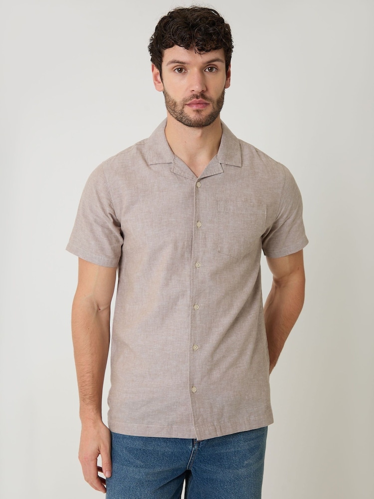Threadbare Brown Linen Cotton Blend Short Sleeve Shirt - Image 1 of 4