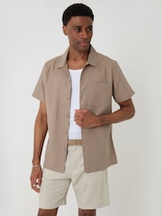 Threadbare Brown Textured Cotton Short Sleeve Shirt - Image 1 of 4