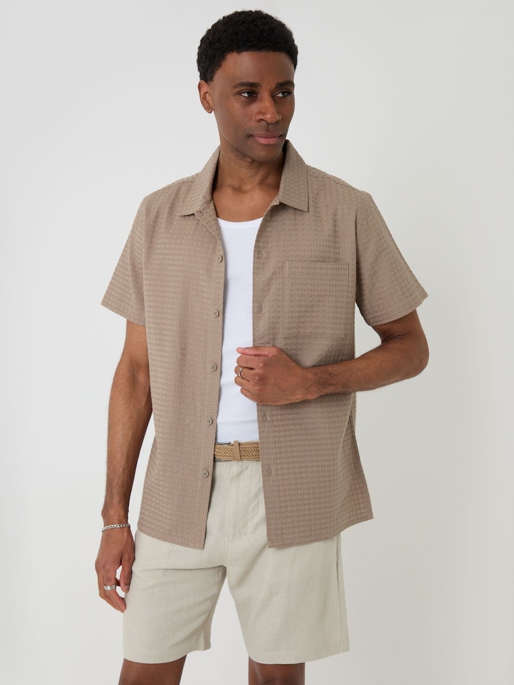 Threadbare Brown Textured Cotton Short Sleeve Shirt - Image 1 of 4