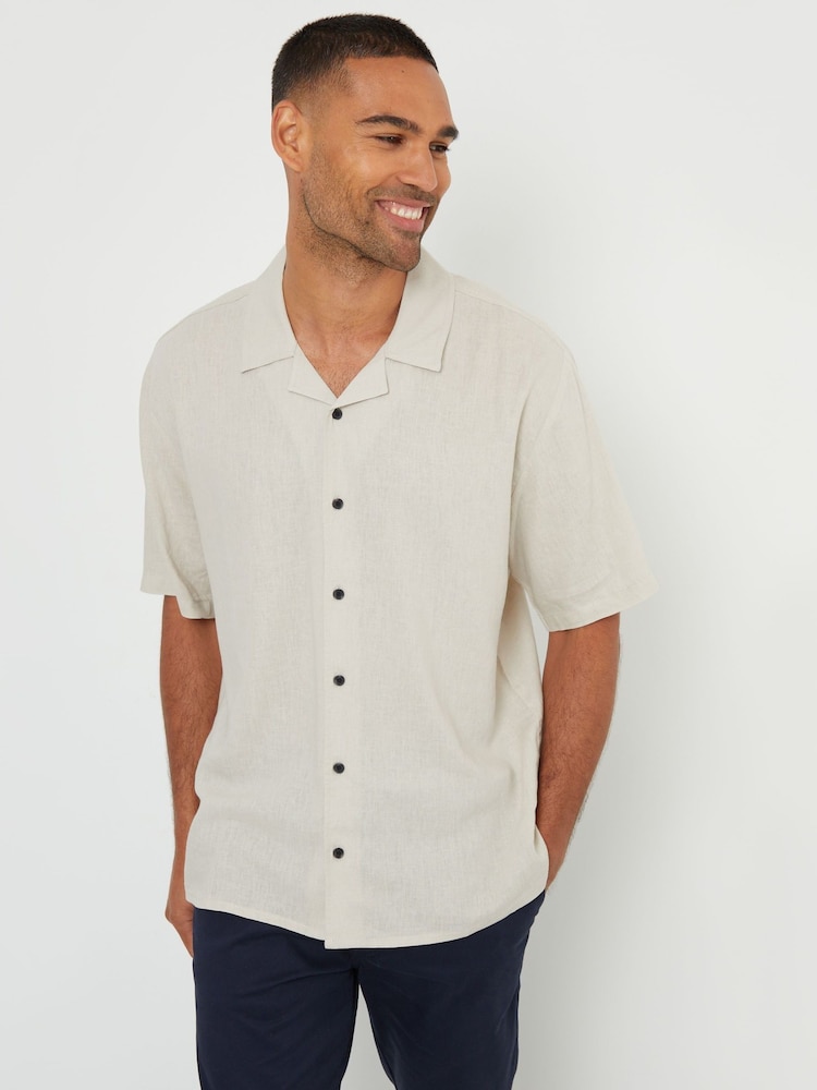 Threadbare Natural Relaxed Fit Linen Blend Revere Collar Short Sleeve Shirt - Image 1 of 4