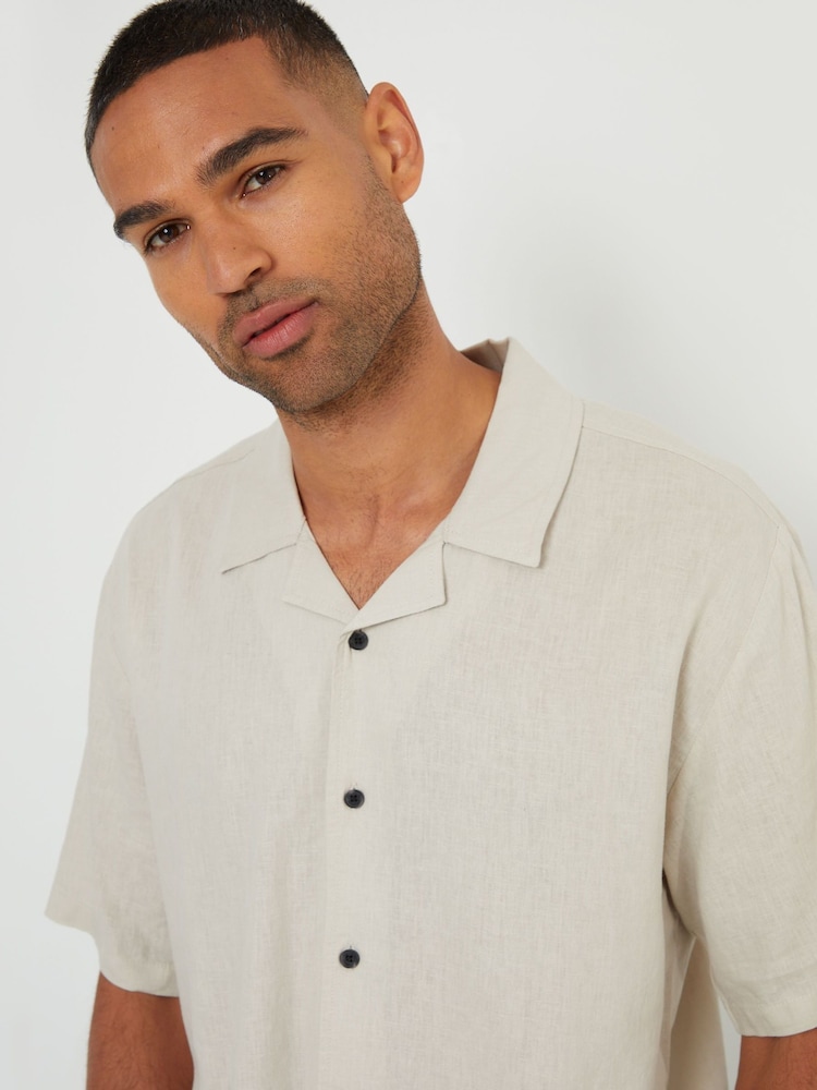 Threadbare Natural Relaxed Fit Linen Blend Revere Collar Short Sleeve Shirt - Image 4 of 4