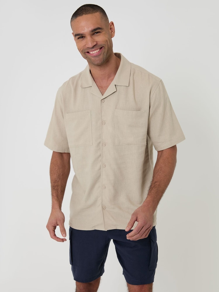 Threadbare Natural Relaxed Fit Linen Blend Short Sleeve Shirt - Image 2 of 5 Threadbare Natural Relaxed Fit Linen Blend Short Sleeve Shirt - Image 2 of 5