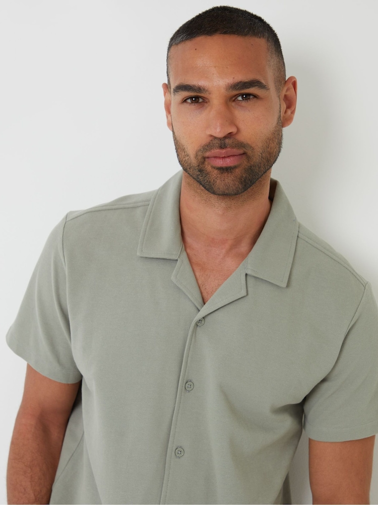 Threadbare Green Pique Revere Collar Short Sleeve Shirt - Image 1 of 4