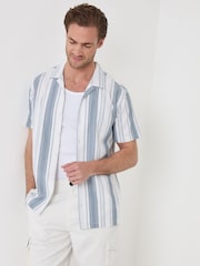 Threadbare Cream Stripe Knitted Cotton Blend Short Sleeve Shirt - Image 1 of 5