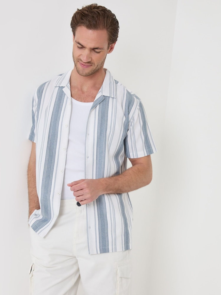 Threadbare Cream Stripe Knitted Cotton Blend Short Sleeve Shirt - Image 1 of 5 Threadbare Cream Stripe Knitted Cotton Blend Short Sleeve Shirt - Image 1 of 5