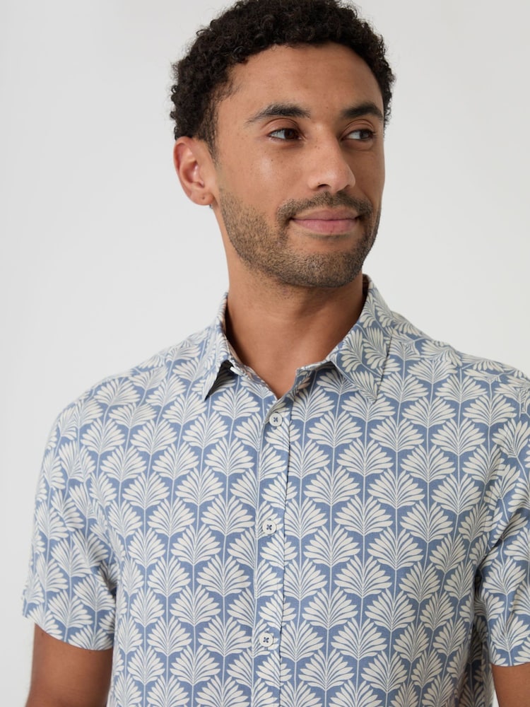 Threadbare Blue Linear Leaf Print Short Sleeve Shirt - Image 1 of 5