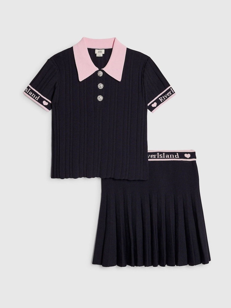 River Island Navy Knitted Polo Top & Skirt Set - Image 1 of 5 River Island Navy Knitted Polo Top & Skirt Set - Image 1 of 5