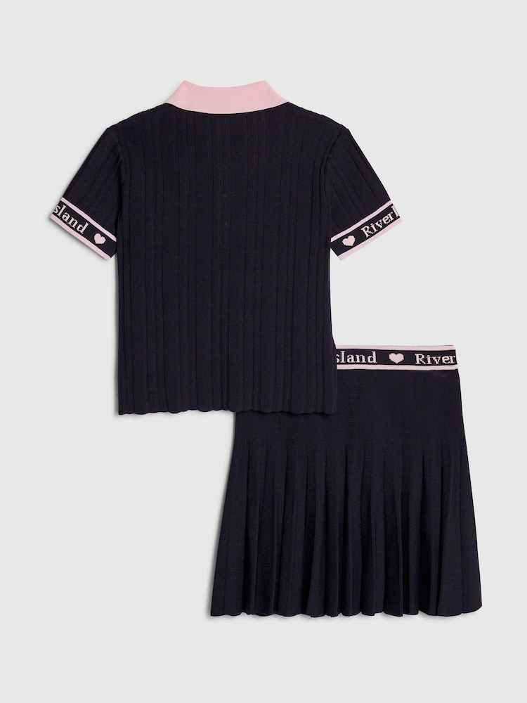 River Island Navy Knitted Polo Top & Skirt Set - Image 2 of 5 River Island Navy Knitted Polo Top & Skirt Set - Image 2 of 5