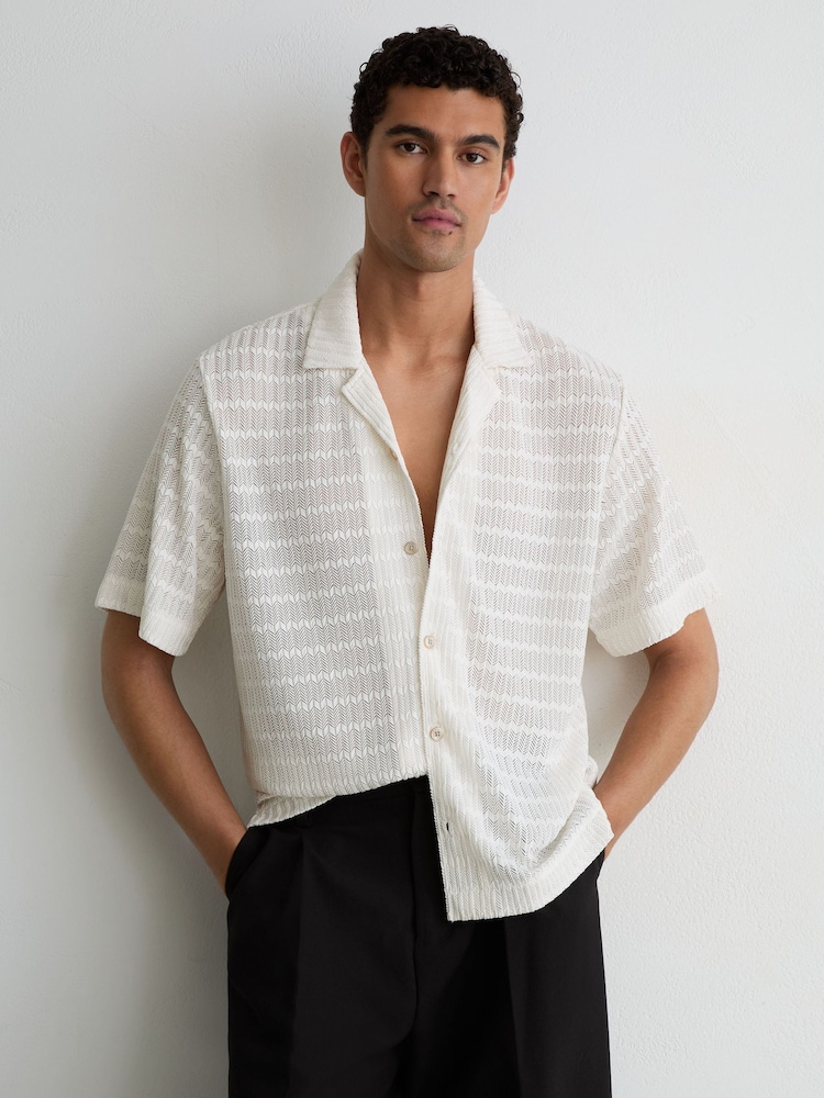 Reiss Off White Sid Chevron-Crochet Cuban-Collar Shirt - Image 1 of 6 Reiss Off White Sid Chevron-Crochet Cuban-Collar Shirt - Image 1 of 6