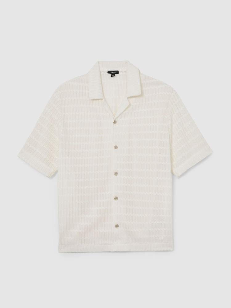 Reiss Off White Sid Chevron-Crochet Cuban-Collar Shirt - Image 2 of 6 Reiss Off White Sid Chevron-Crochet Cuban-Collar Shirt - Image 2 of 6