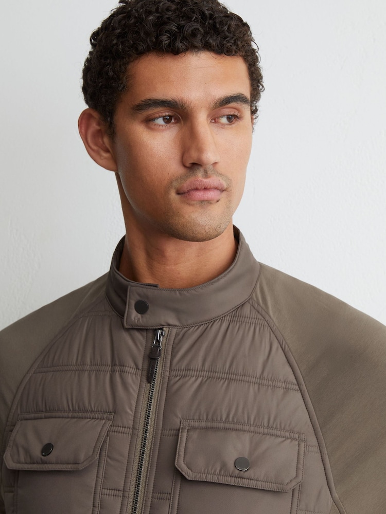 Reiss Taupe Brown Connor Hybrid Quilted Interlock Flap-Pocket Jacket - Image 1 of 6