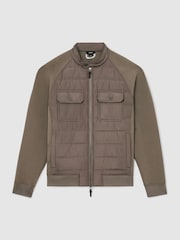 Reiss Taupe Brown Connor Hybrid Quilted Interlock Flap-Pocket Jacket - Image 2 of 6