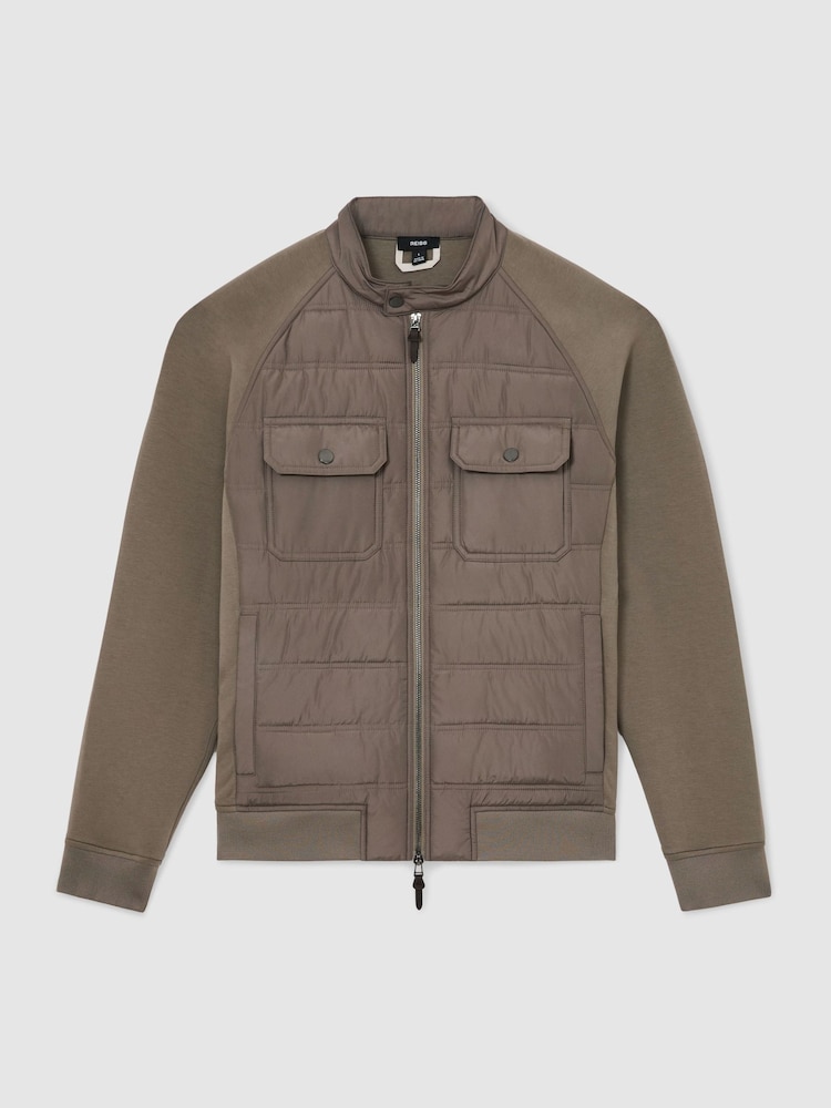 Reiss Taupe Brown Connor Hybrid Quilted Interlock Flap-Pocket Jacket - Image 2 of 6