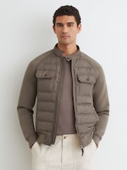 Reiss Taupe Brown Connor Hybrid Quilted Interlock Flap-Pocket Jacket - Image 5 of 6