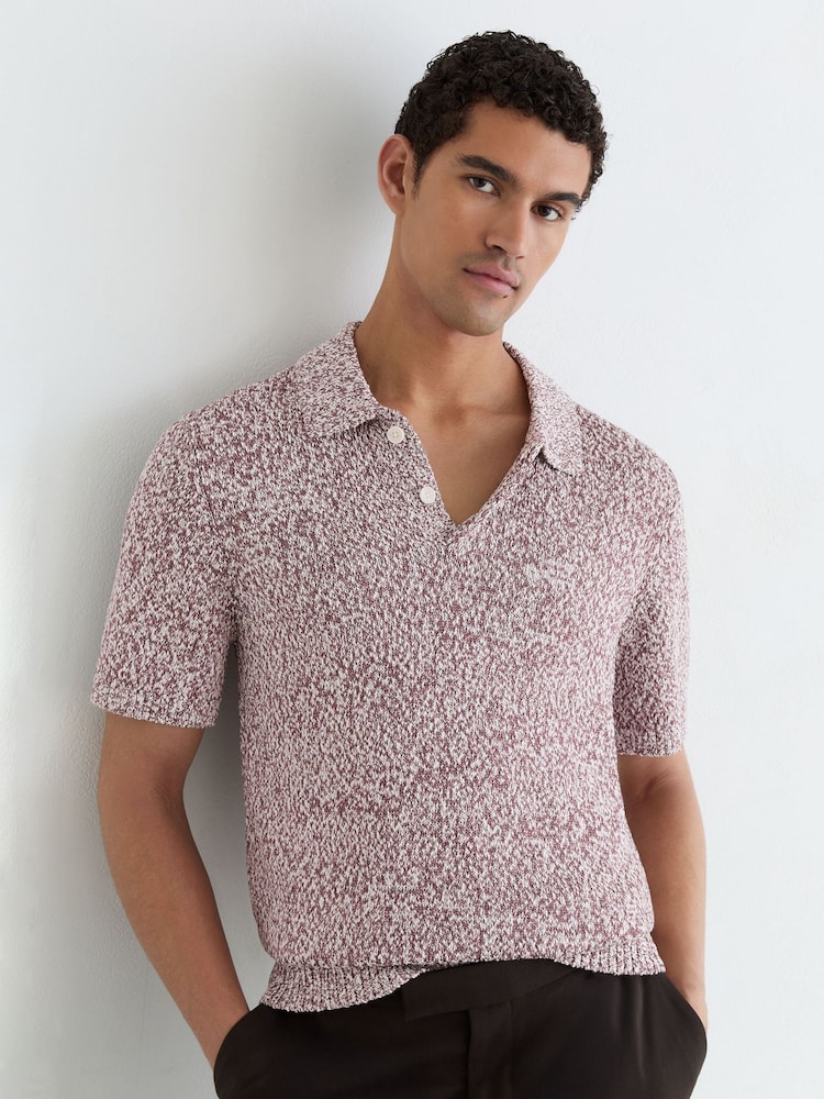Reiss Bordeaux/Ecru Marco Cotton-Blend Half-Button Marled Polo Shirt - Image 1 of 7 Reiss Bordeaux/Ecru Marco Cotton-Blend Half-Button Marled Polo Shirt - Image 1 of 7
