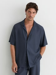 Reiss Airforce Blue Samson Textured Cuban-Collar Short-Sleeve Shirt - Image 1 of 7