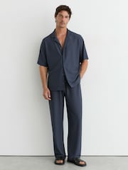 Reiss Airforce Blue Samson Textured Cuban-Collar Short-Sleeve Shirt - Image 4 of 7