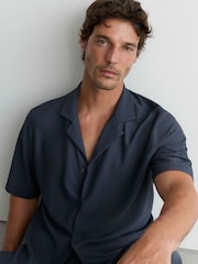 Reiss Airforce Blue Samson Textured Cuban-Collar Short-Sleeve Shirt - Image 5 of 7