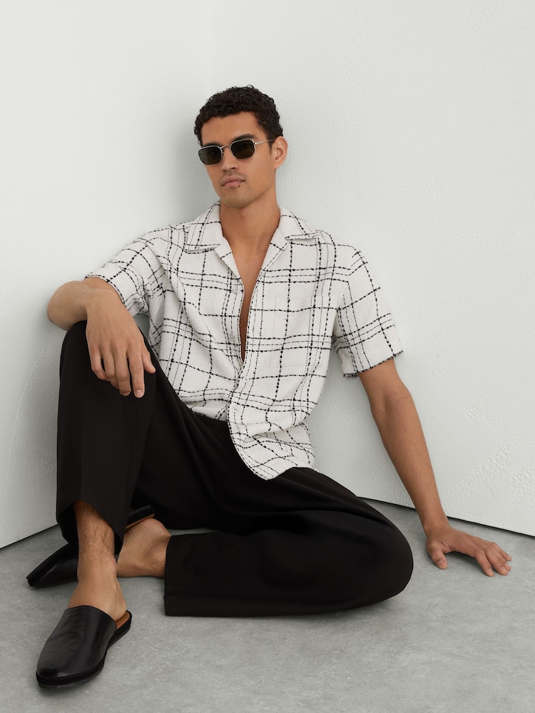 Reiss White/Black Moran Textured Check Cuban-Collar Shirt with Cotton - Image 1 of 6