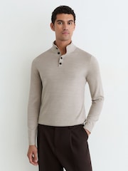 Reiss Stone Mouline Farnham Merino Wool Funnel-Neck Half-Button Jumper - Image 1 of 5