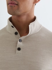 Reiss Stone Mouline Farnham Merino Wool Funnel-Neck Half-Button Jumper - Image 3 of 5